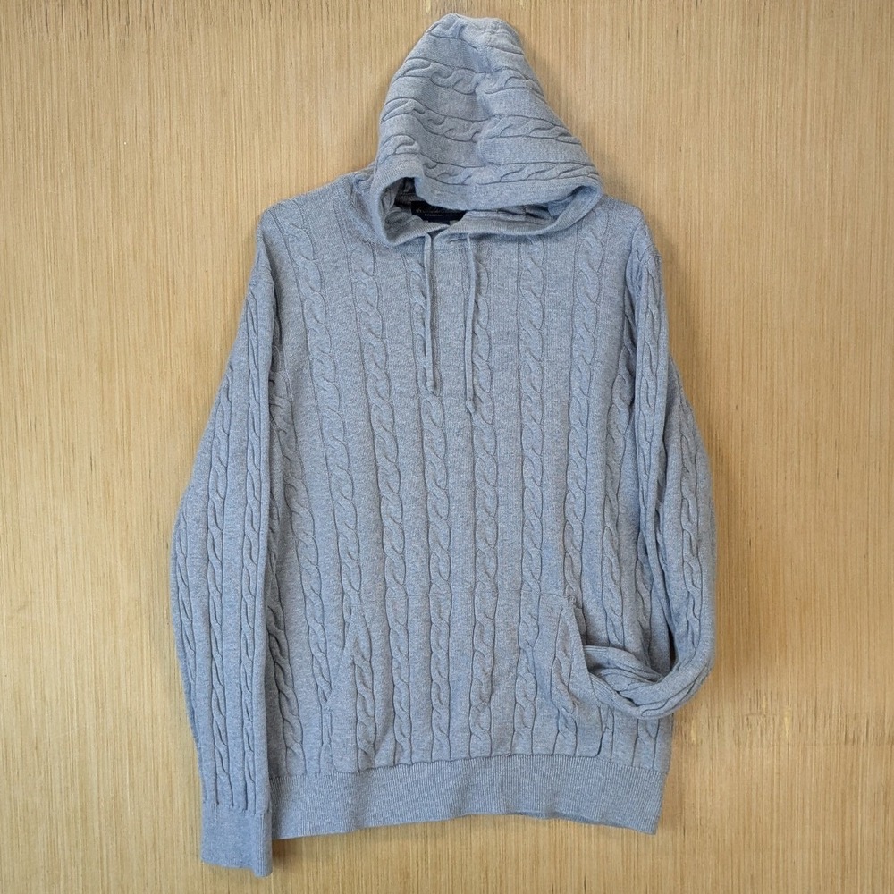 Brooks Brothers Mens Size XXL Gray Cable Knit Cotton Pullover Hoodie Sweater